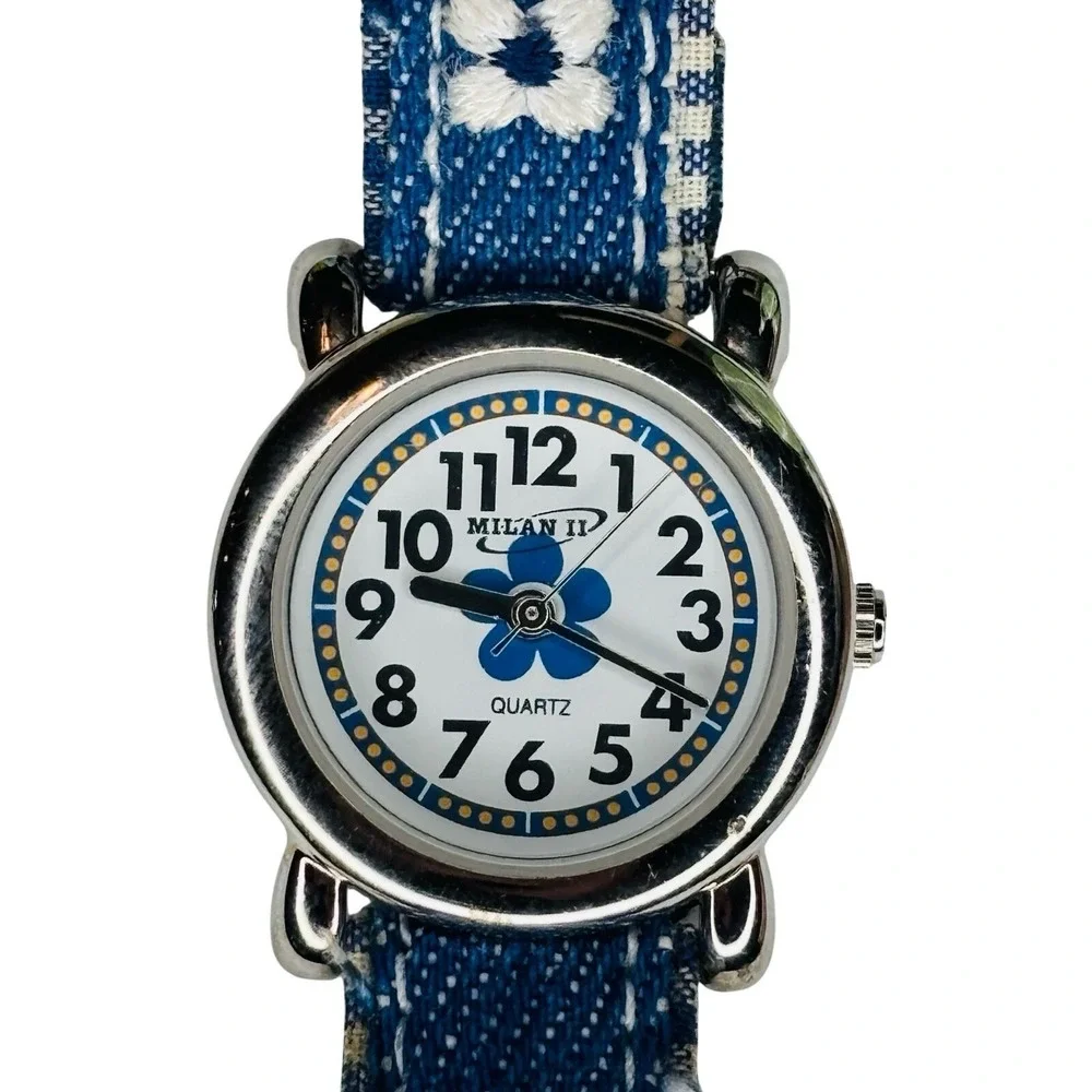 Y2K Milan II Blue Denim Embroidered Flower Strap Watch 056-PC Kids Girls